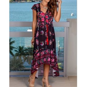 Black Boho Print high-low dress, Sz. S